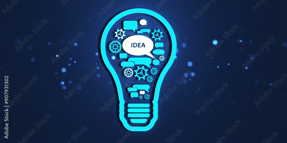 Poster Lightbulb with speech bubbles and gears on dark background. 3D Rendering
