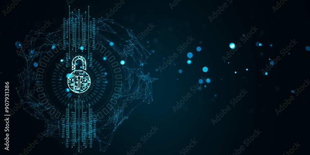 Poster Digital padlock hologram on dark background representing cybersecurity. 3D Rendering