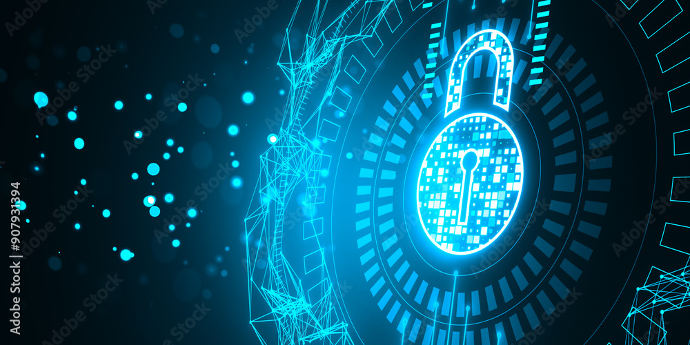 Aufkleber Digital padlock icon surrounded by abstract network graphics. 3D Rendering