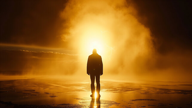 Senior man trail hiking in the forest at sunset. Tourist on a rock admiring waterfall. Man walking in a lane with the sunlight breaking through the trees. Cheerful and successful hispanic man jogging - Powered by Adobe