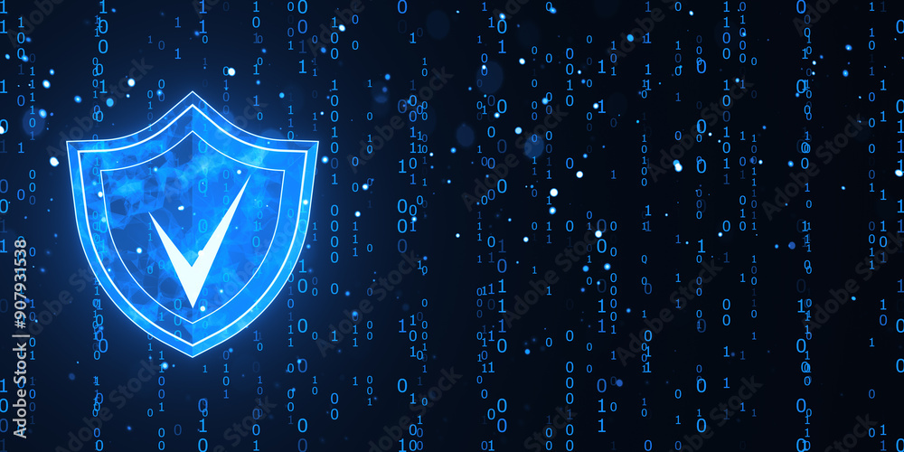 Poster Digital Shield with Check Mark on Binary Code Background. 3D Rendering