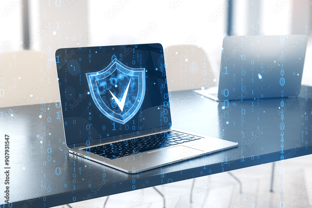 Leinwandbilder Laptop displaying shield icon with a checkmark on a desk, surrounded by binary code.