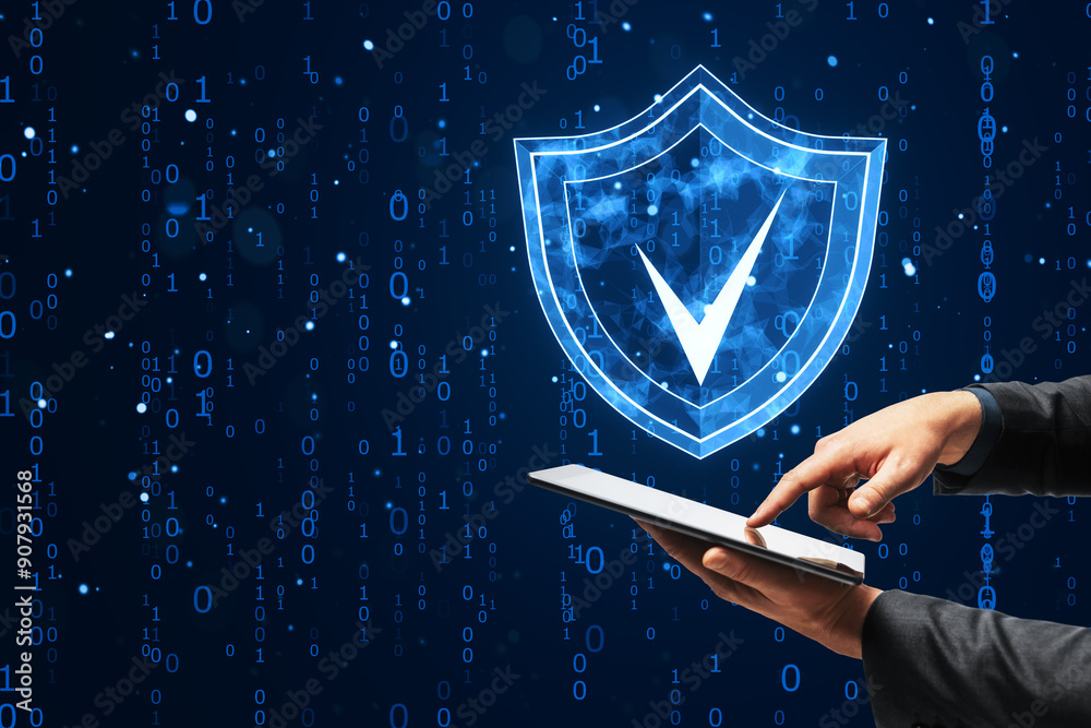 Poster digital shield icon with checkmark, man using tablet.