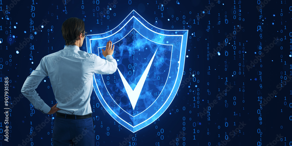 Poster Man interacting with a digital shield on a binary code background, representing cyber security and data protection.