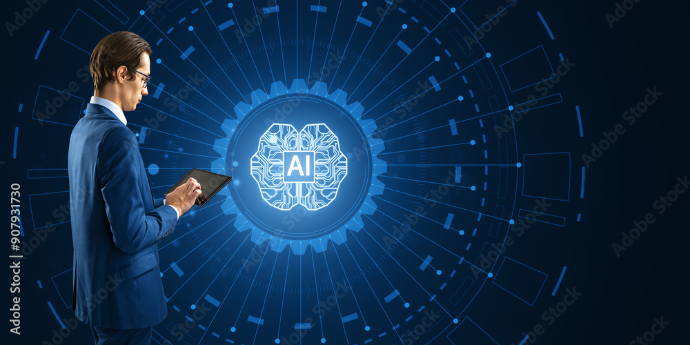Poster businessman using tablet with ai brain hologram on digital background.