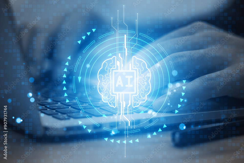 Aufkleber Conceptual image of AI technology with holographic brain and keyboard.
