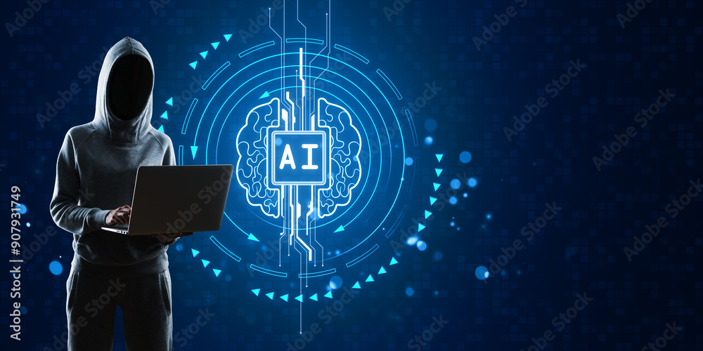 Aufkleber Hacker in hoodie using laptop with AI brain circuit on digital blue background. Concept of cybersecurity and artificial intelligence.