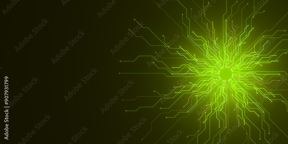 Poster Glowing green circuit lines radiating from a central point on dark background. 3D Rendering