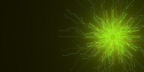 Glowing green circuit lines radiating from a central point on dark background. 3D Rendering