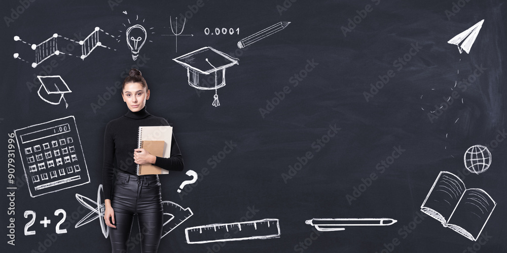 Poster female student holding books in front of a chalkboard with various educational icons drawn in chalk.