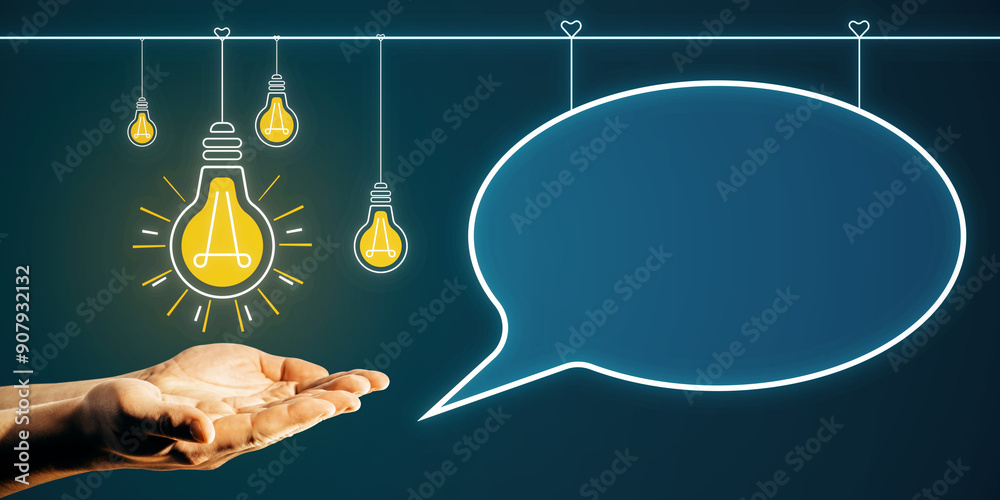 Poster bright lightbulbs and speech bubble over hands, symbolizing ideas and concepts.