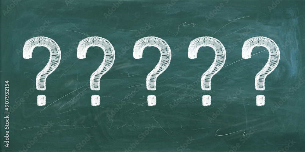 Poster Row of question marks drawn with chalk on a blackboard.