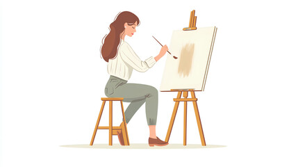 Woman artist sitting on a stool and painting a picture,