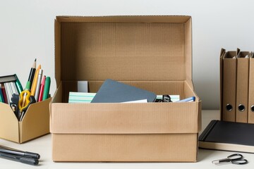 Cardboard box with office tools of an employee, Generative AI