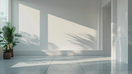 A minimalist interior with a large window casting soft light and shadows across the white walls and tiled floor. The space is accented by a potted plant, creating a sense of tranquility and serenity.