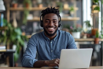 A smiling young man is standing on a city street in a denim shirt and using a mobile phone. Close-up photo, Generative AI