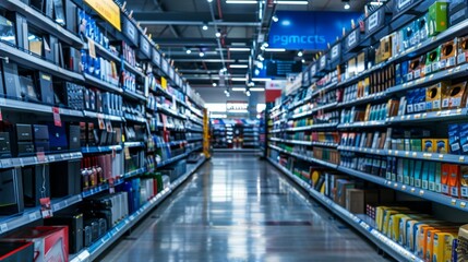 Supermarket aisle with shelves full of products.