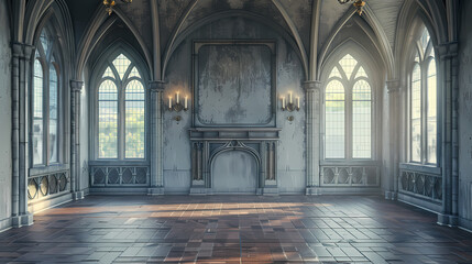 A grand, gothic room with high ceilings, arched windows, and a fireplace. The room is empty and bathed in soft sunlight, creating a sense of mystery and grandeur.