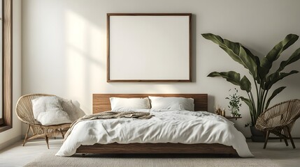 Frame mockup in interior. Cozy bedroom with empty poster frame.