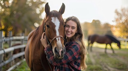 Fototapeta premium Happy woman hugging her horse. A young woman on a horse farm spends time with her horses. 