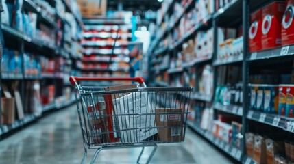 Shopping Cart in a Supermarket Aisle.