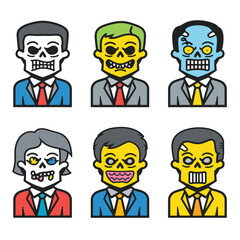 Businesspeople zombies cartoon avatars torsos suits diverse expressions colorful monstrous faces visual funny appearance graphic elements Halloween theme humor flat design vector illustration
