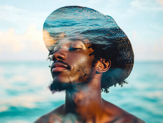 Multiple exposure portrait of the young African American man and ocean