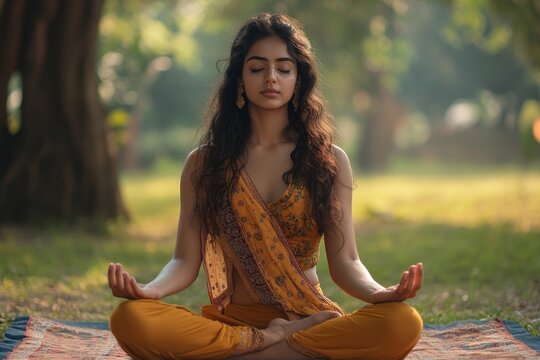 Beautiful young Indian woman doing yoga in the park. Sitting on a mat with closed eyes in the lotus position and meditating, Generative AI