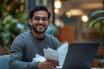 A smiling young Indian man is working in the office with a laptop and documents, holding papers and talking on a video call with clients and partners, Generative AI