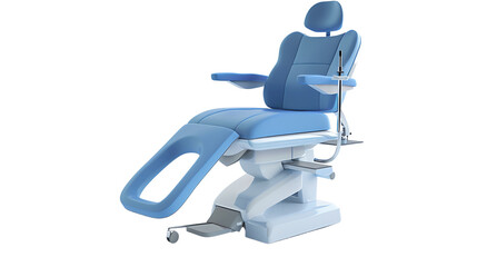 Modern blue dental chair with adjustable headrest and leg support, isolated on a white background, designed for patient comfort.