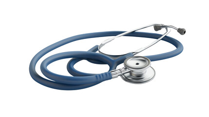 A close-up image of a blue stethoscope isolated on a white background, used by medical professionals for health examinations and diagnostics.