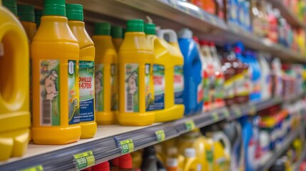 Fototapeta premium Close-up of Yellow Bottles on a Supermarket Shelf.
