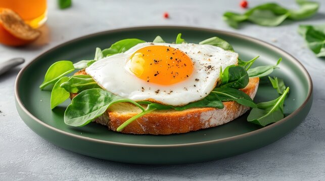 a pouched fried egg on toast, lettuce, sage green plate on kitchen counter  