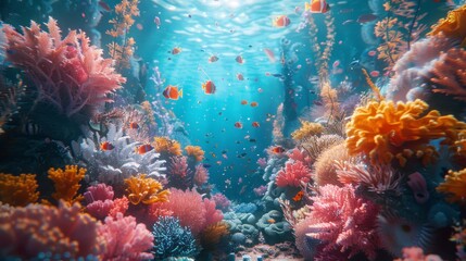 Vibrant undersea scenes with colorful corals and tropical fish.