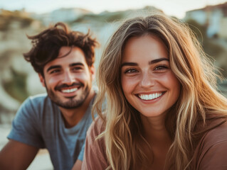 Fototapeta premium Portrait of smiling woman sitting with boyfriend