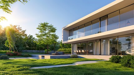 Modern house exterior day light with lawn grass.