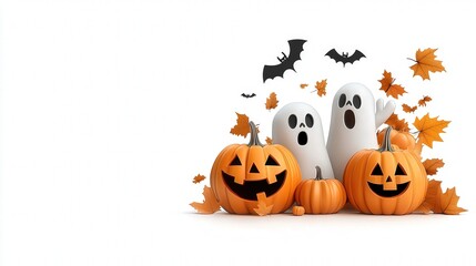 halloween cartoon ghost carved pumpkins with bats flying, autumn leaves vector, funny, white background  jack-o-lantern, copy space