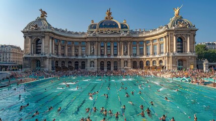 Fototapeta premium A panoramic view of a synchronized swimming team performing in a pool set against the backdrop of the Palais Garnier, Paris' famous opera house, blending grace and Parisian culture.
