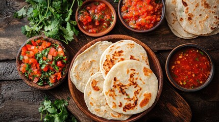 Top view of El Salvadorian pupusas with curtido and salsa, arranged on a rustic table.