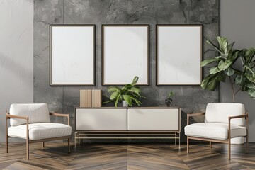 Fototapeta premium Stylish relax room interior with armchairs and sideboard, mockup frame, Generative AI