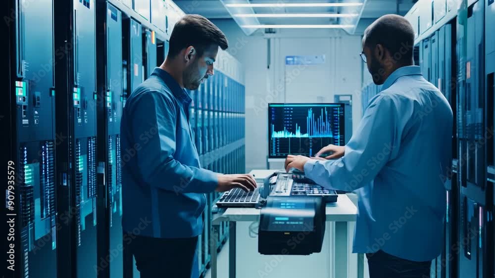 Poster two adult men working in a data center on computer systems generative ai