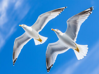 Obraz premium Pair of seagulls flying in the blue sky