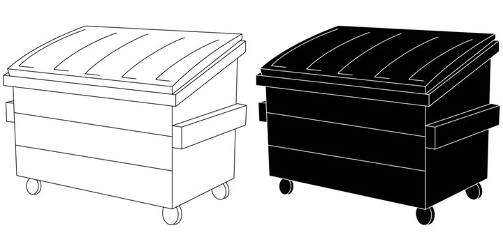 Black and white and white and black graphic of a dumpster bin
