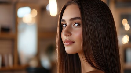 Fototapeta premium Beautiful model with shiny brown straight hair, undergoing keratin treatment for smooth, straight, and healthy locks.