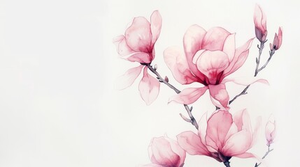 Watercolor illustration of pink magnolia flowers and buds on a white background.