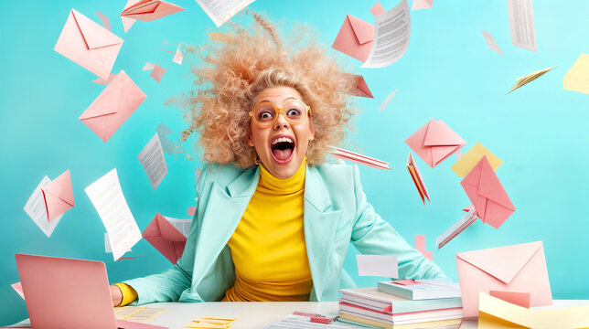 Excited Woman in Colorful Outfit Surrounded by Flying Papers and Envelopes in Vibrant Office Setting