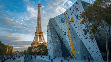 A dynamic capture of a rock climbing competition held on an artificial wall set up near the Eiffel Tower, blending the thrill of the sport with the city's iconic architecture.