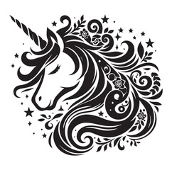 Obraz premium Unicorn simple vector silhouette black and white.