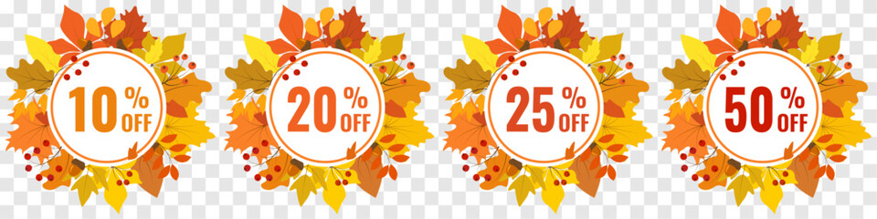Set of autumn frames made of yellow leaves and berries with discount advertising, vector. Label, tag for autumn discounts, discount percentage.
