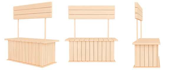 Advertising wooden booth stand mockup. Isolated on white background, compact, attention-grabbing display designed to showcase products or services, counter desk, table mock up, 3d render
